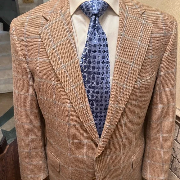 Custom Bespoke 100% Cashmere Windowpane Sport Coat Blazer Jacket Tan Men 42S - Picture 12 of 15